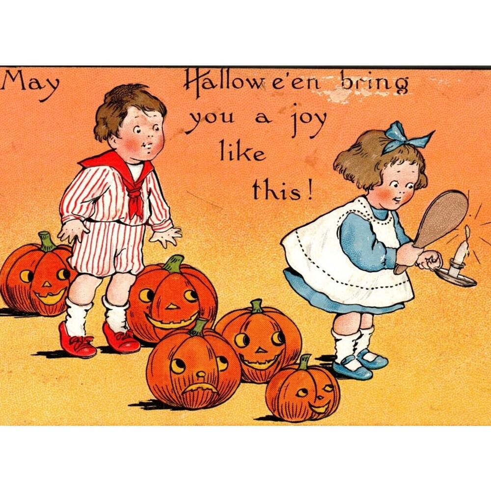 Halloween Postcard Tuck Boy Girl Pumpkins JOL Candle Mirror Series 188 Embossed